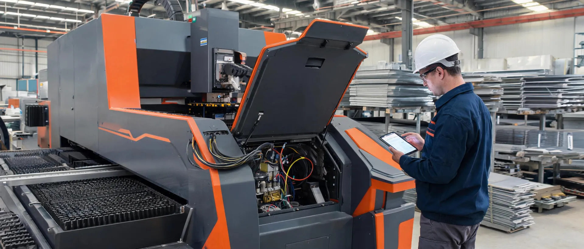 Laser service engineer checking a Bodor cutting machine